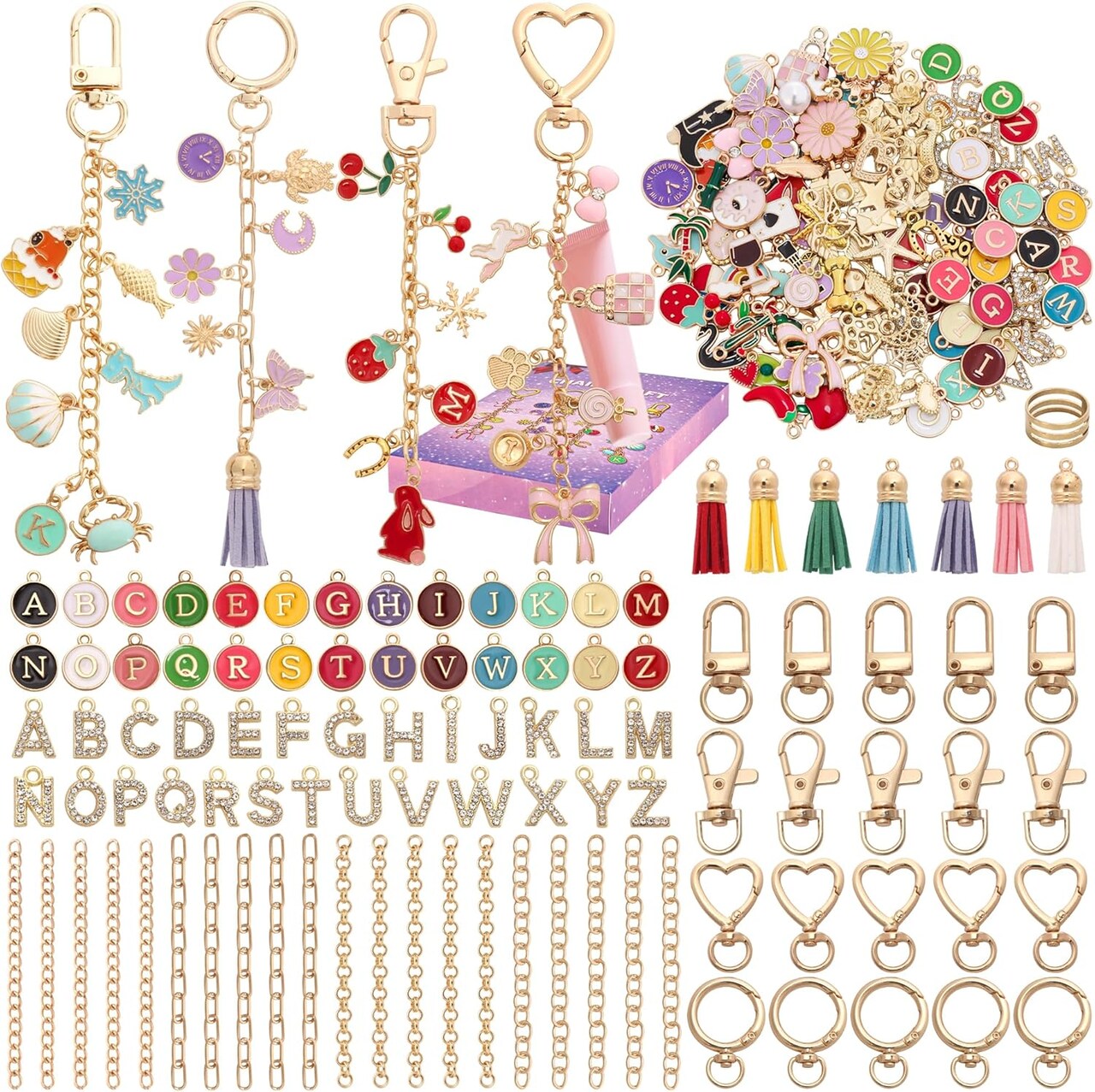 418PCS Keychain Making Kit for DIY Lip Gloss Keychains,Bag Charm Kit, Key Chain Making Kit with Hooks, Jump Rings, Gold Charms, Chains & Tools, Jewelry Making Kit, Gifts (418, Gold)